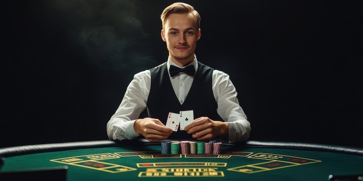 Meja dealer langsung larasati4d dengan layar skor Indonesia Open di latar belakang